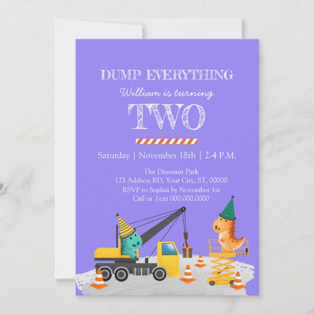 Construction 2nd Birthday Party, Dinosaur Theme Invitation (Front)