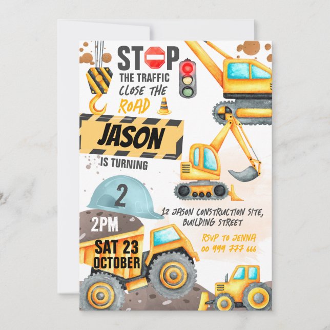 Construction 2nd Birthday Party Dump Truck Digger Invitation (Front)