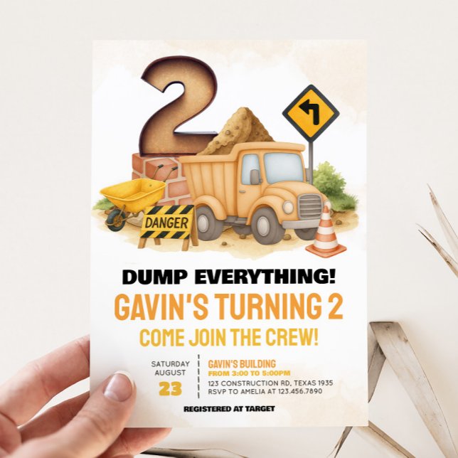 Construction 2nd Birthday Party Invitation (Construction Truck 2nd Birthday Party Invitation)