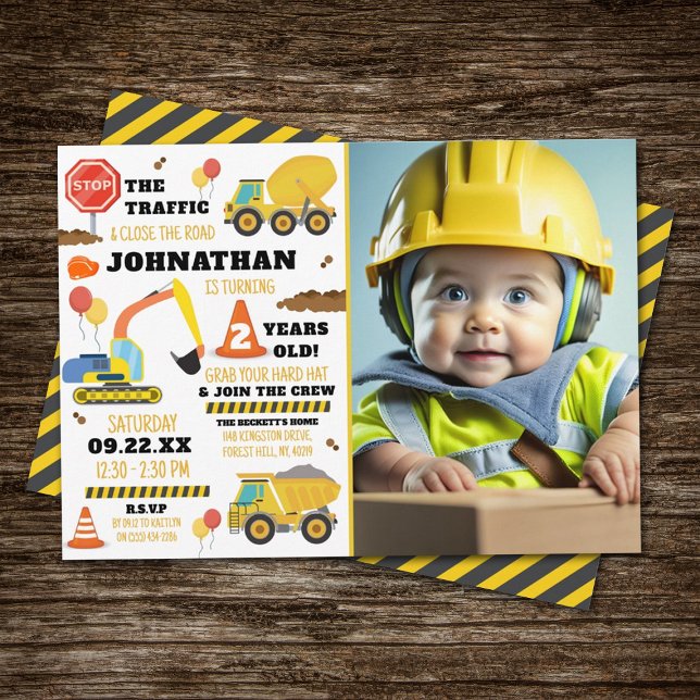 Construction 2nd Birthday Photo Invitation (Creator Uploaded)