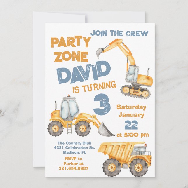 Construction 3rd Birthday Party Invitation (Front)
