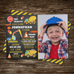 Construction 3rd Birthday Photo Invitation