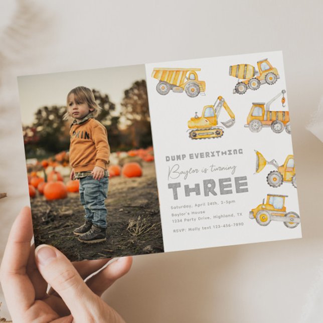 Construction 3rd Birthday Photo Invitation (Creator Uploaded)