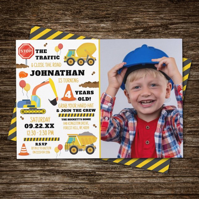 Construction 4th Birthday Photo Invitation (Creator Uploaded)