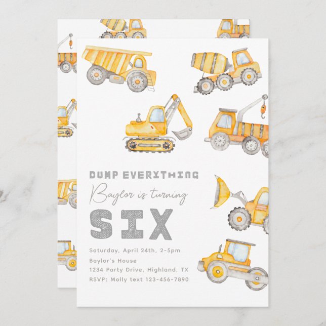 Construction 6th Birthday Invitation (Front/Back)