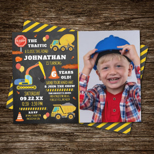 Construction 6th Birthday Photo Invitation