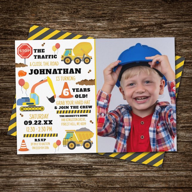 Construction 6th Birthday Photo Invitation (Creator Uploaded)