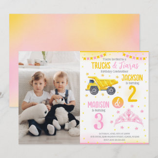 Construction and Princess Siblings Joint Birthday Invitation