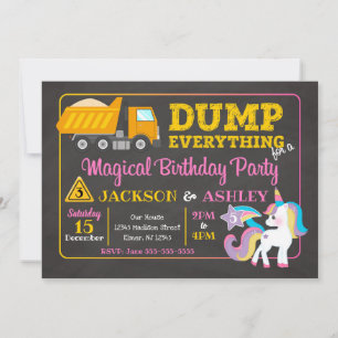 Construction and Unicorn Joint Birthday Invitation