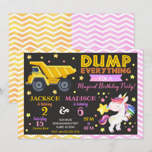 Construction and Unicorn Joint Birthday Invitation