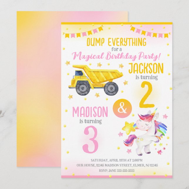 Construction and Unicorn Siblings Joint Birthday Invitation (Front/Back)