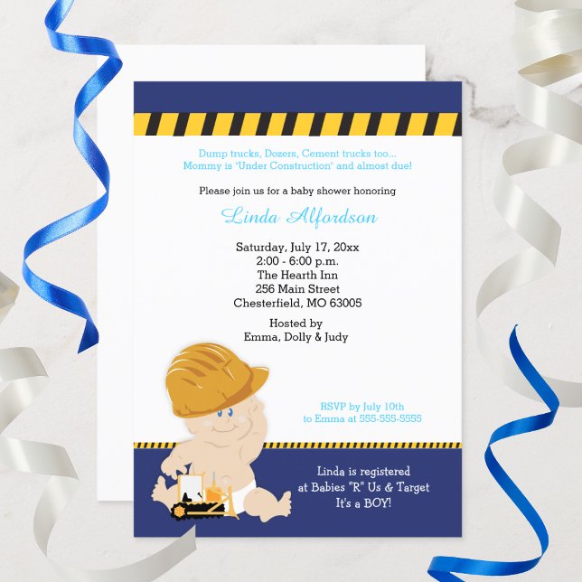 Construction Baby Shower Bulldozer Cute  Invitation (Construction Baby Shower Invitation)