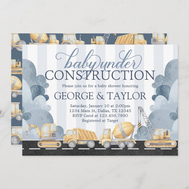 Construction Baby Shower Invitation Invite (Front/Back)