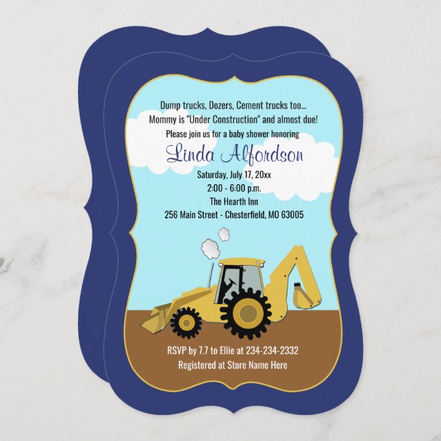 Construction Backhoe Boy Baby Shower Invitation (Front/Back)