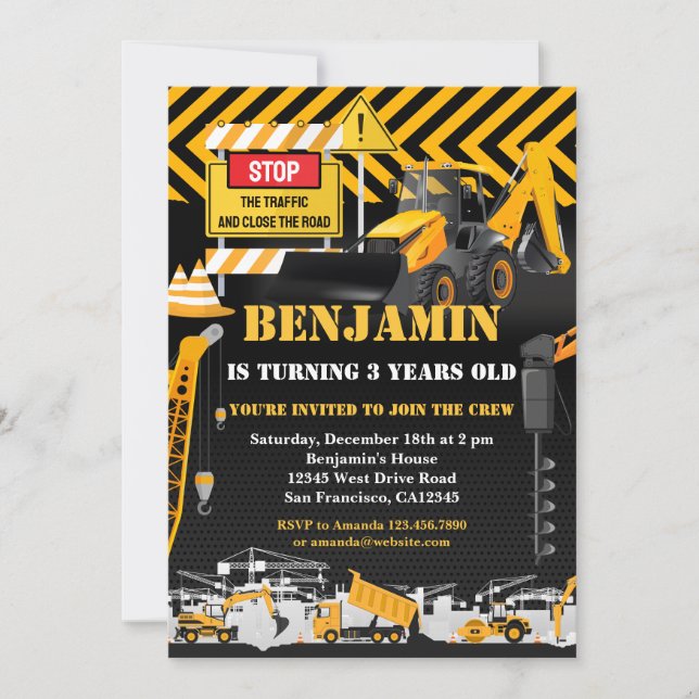 Construction Backhoe Kids Birthday Party Invitation (Front)