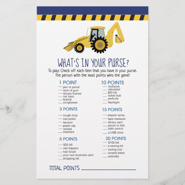 Construction Backhoe What's in Your Purse Game (Front)