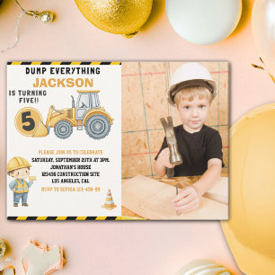 Construction Birthday 5 with Photo   Dump Truck Invitation