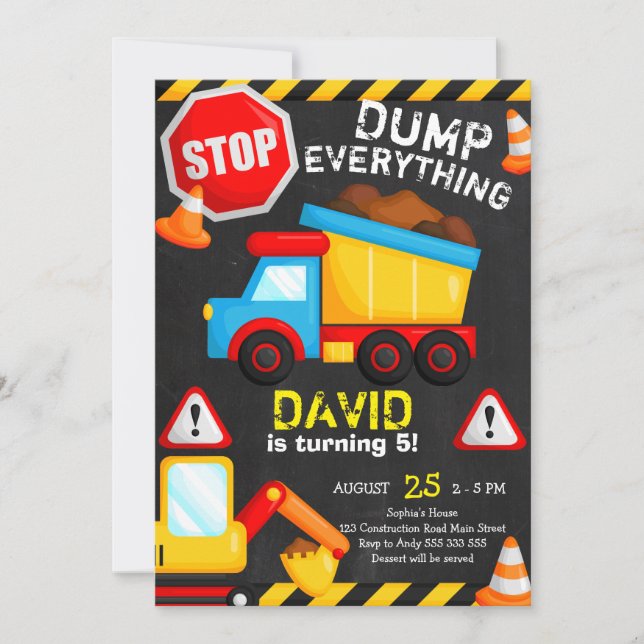 Construction Birthday Boy Chalkboard Dump Truck Invitation (Front)