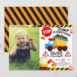 Construction Birthday Boy Dump Truck with Photo Invitation