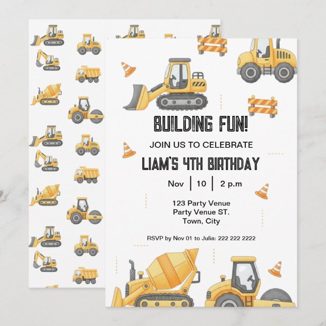 Construction Birthday – Boy's 1st Party Invitation (Front/Back)