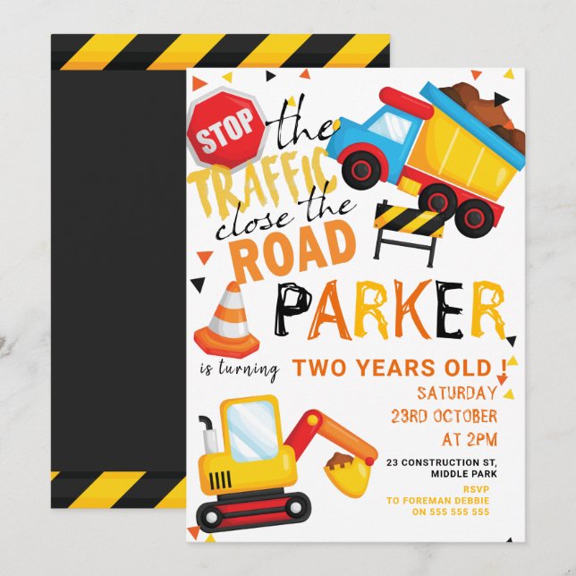 Construction Birthday Cute Invitation (Front/Back)