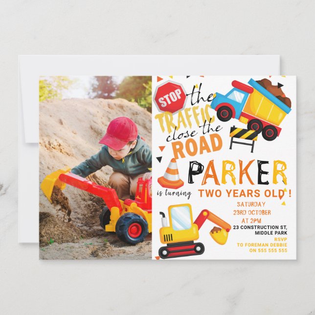 Construction Birthday Cute Photo Invitation (Front)