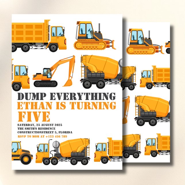 Construction Birthday Dump Truck & Bulldozer Party Invitation (Creator Uploaded)