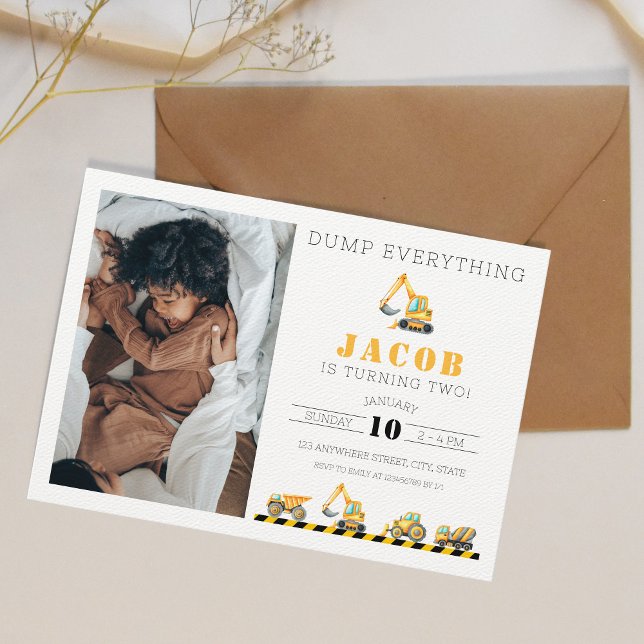 Construction Birthday Dump Truck Digger Photo Invitation (Construction Birthday Invitation)