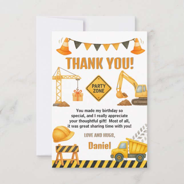 Construction Birthday Dump Truck Thank You Card (Front)