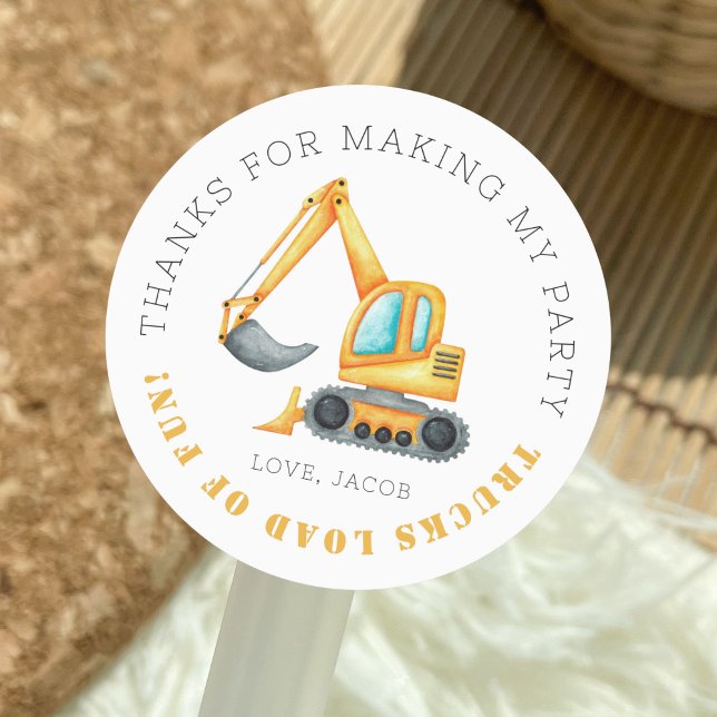 Construction Birthday Dump Truck Thank you Classic Round Sticker (Thank you stickers - construction themed birthday party)