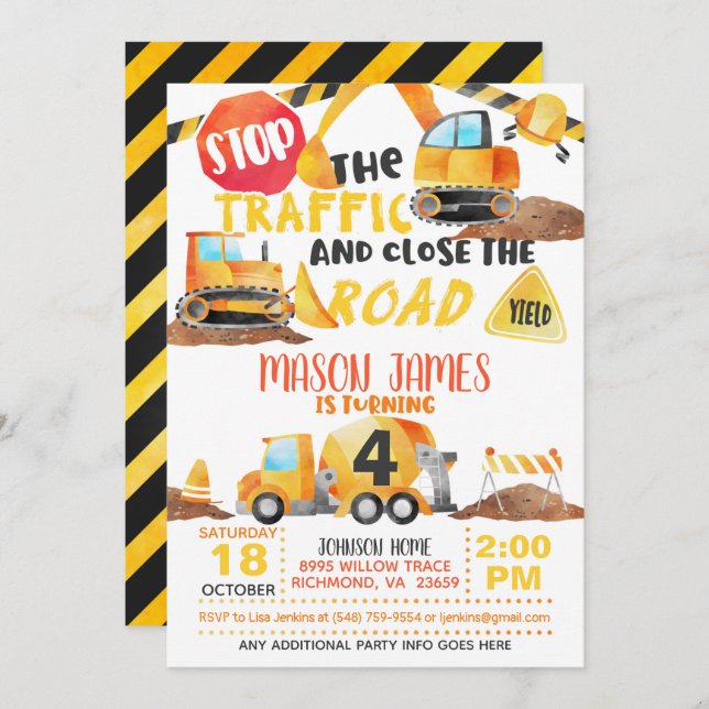 Construction Birthday Invitation (Front/Back)