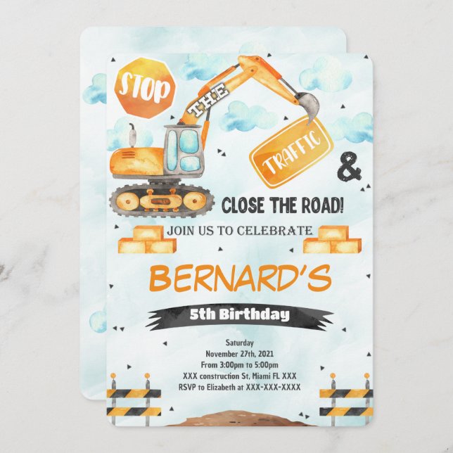 Construction Birthday Invitation (Front/Back)