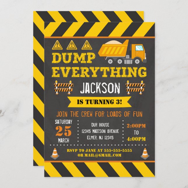 Construction Birthday Invitation | Dump Truck | (Front/Back)