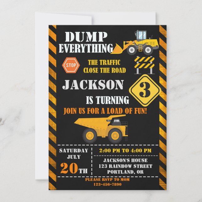Construction birthday invitation Dump truck invite (Front)