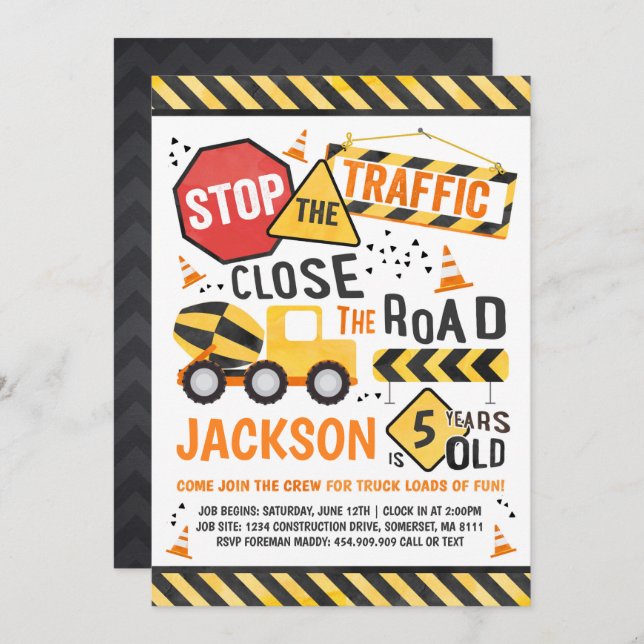 Construction Birthday Invitation Dump Truck Party (Front/Back)