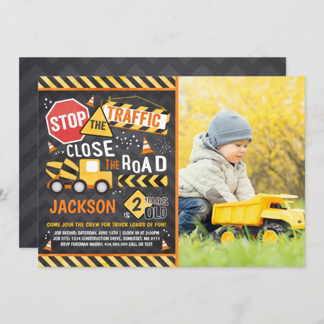Construction Birthday Invitation Dump Truck Party (Front/Back)