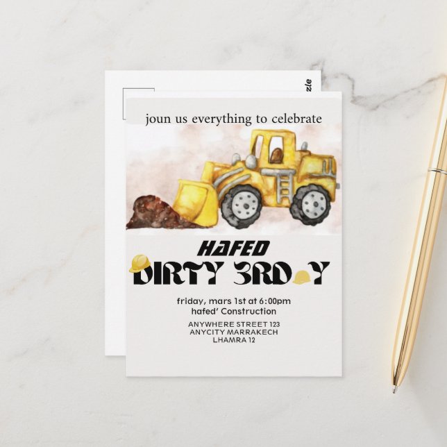 Construction Birthday Invitation Editable Dump Tru Postcard (Front/Back In Situ)