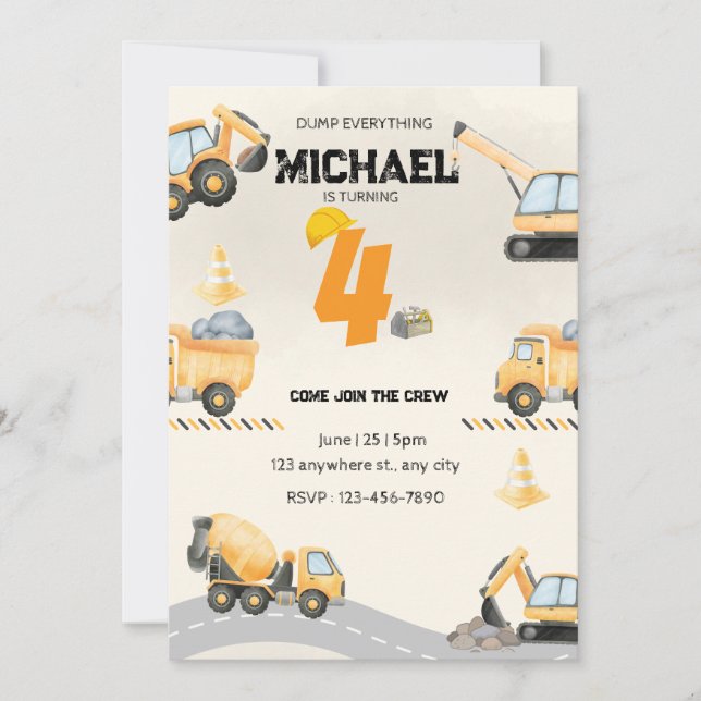 Construction  Birthday Invitation, Trucks Them Invitation (Front)