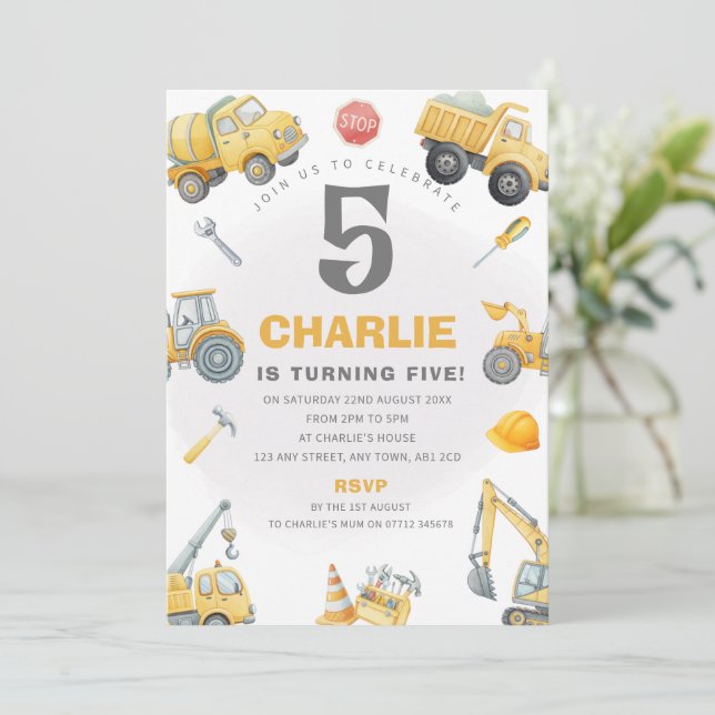 Construction Birthday Invite Digger Party Theme (Standing Front)