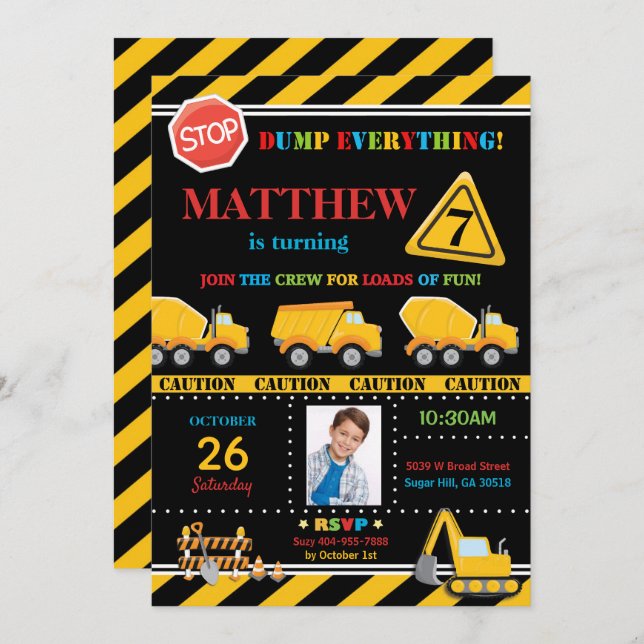 Construction Birthday Party Diggers Dump Trucks Invitation (Front/Back)