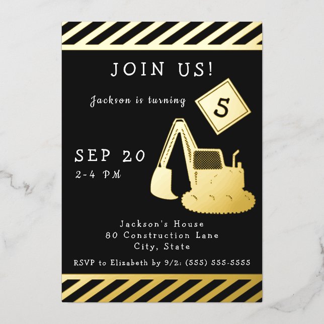 Construction Birthday Party for Boy Gold (Front)