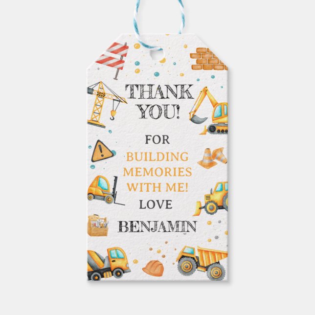 Construction Birthday party Gift Tags (Front)
