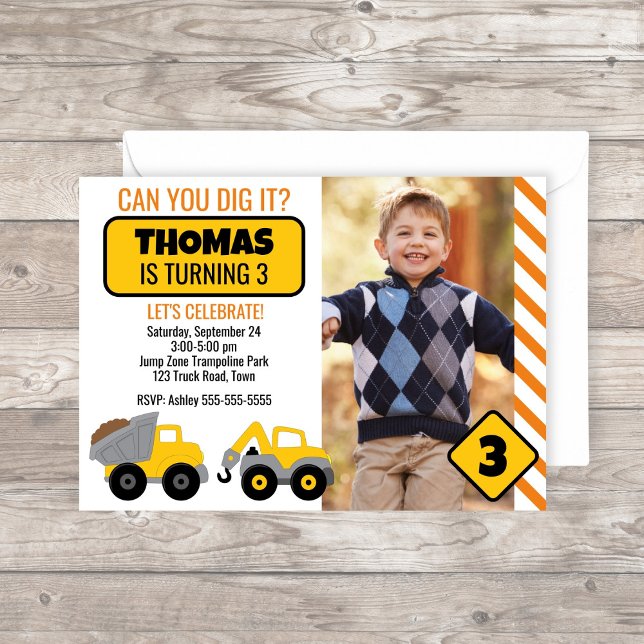 Construction Birthday Party Invitation (Construction Birthday Party Invitation with yellow construction trucks and road signs)