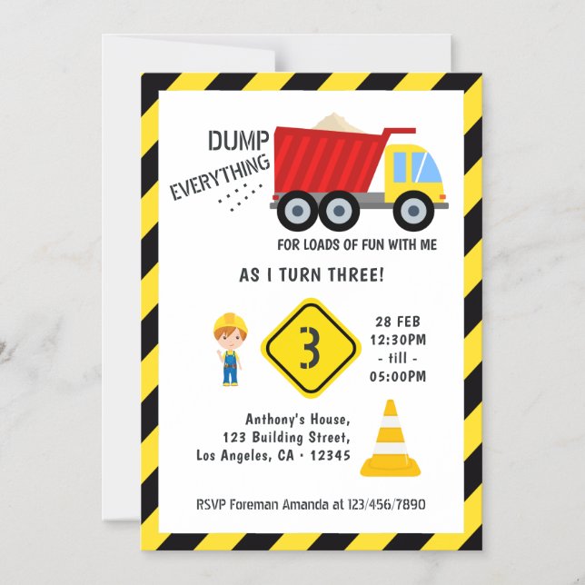Construction  Birthday Party Magnetic Invitation (Front)
