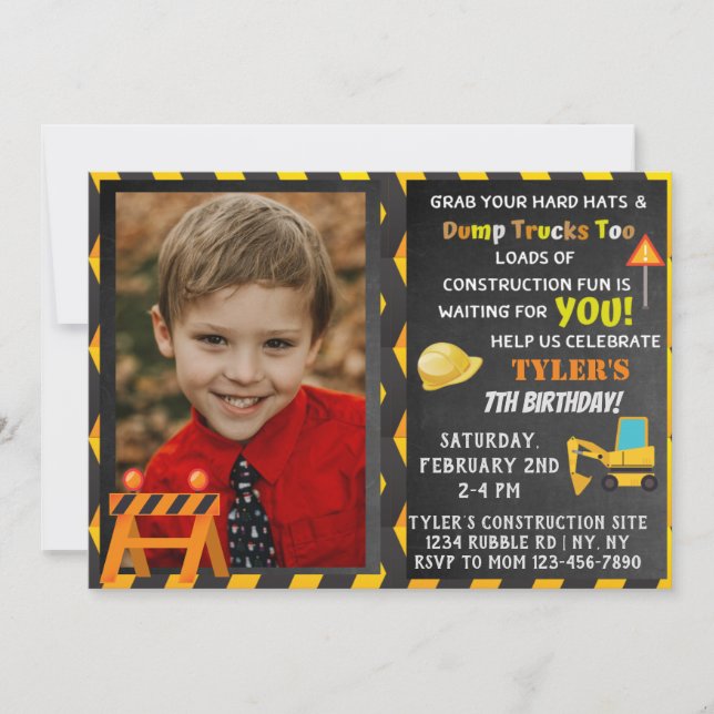 Construction Birthday Party Photo Invitation (Front)