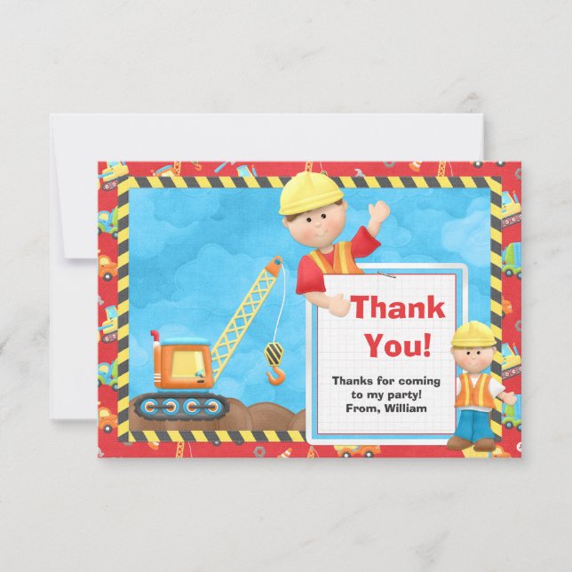 Construction Birthday Party Thank You Card (Front)