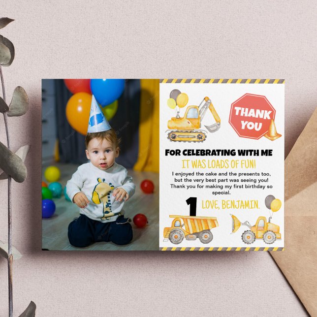 Construction Birthday Photo Thank You Card (Creator Uploaded)