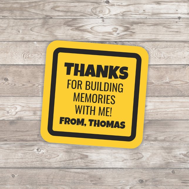 Construction Birthday Square Sticker (Yellow Sticker that looks like a road sign. Great for construction themed birthday parties)