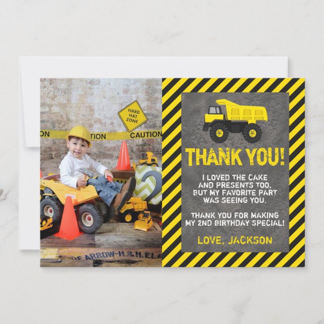 Construction Birthday Thank You Card with Photo (Front)