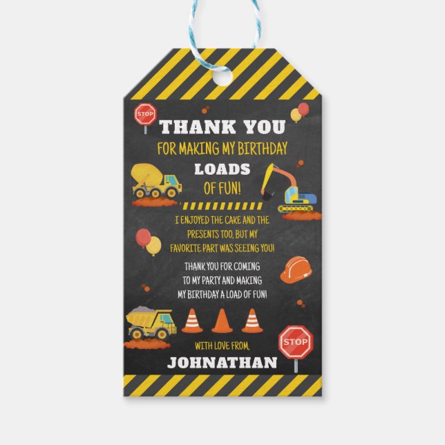 Construction Birthday Thank You Gift Tags (Front)